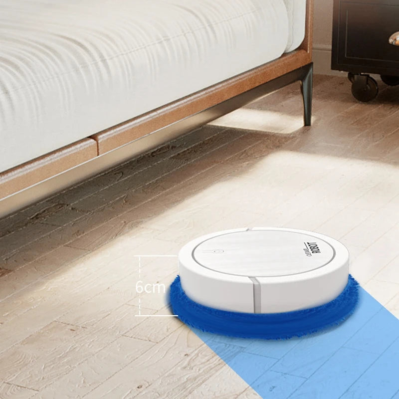 White robotic vacuum cleaner with blue brush scrubbing a wooden floor under a sofa leg in a living room
