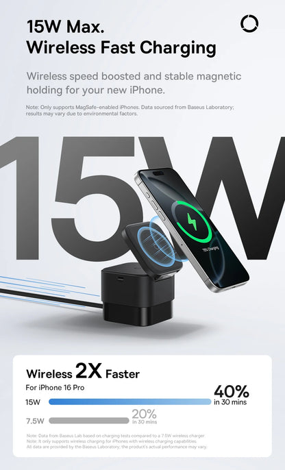 Black wireless magnetic charger with iPhone showing 15W fast charging and charging speed comparison chart