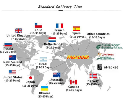 World map showing international standard delivery times ranging from 7 to 35 days for various countries by different shipping services