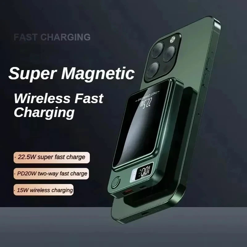 Green Xiaomi Mijia 100000mAh magnetic wireless fast charger attached to a smartphone with digital display