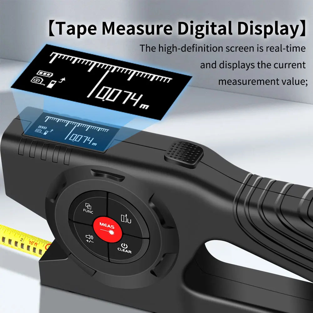 Black digital tape measure with LCD display showing real-time measurement value on white background