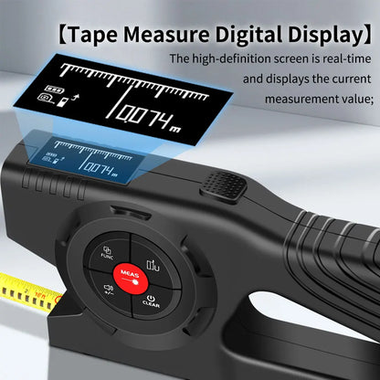 Black digital tape measure with LCD display showing real-time measurement value on white background