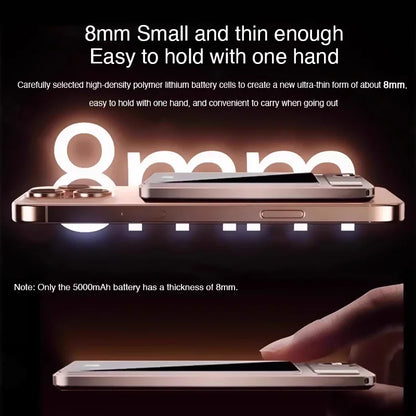 Side view of a slim 8mm portable power bank being held easily with one hand against a dark background