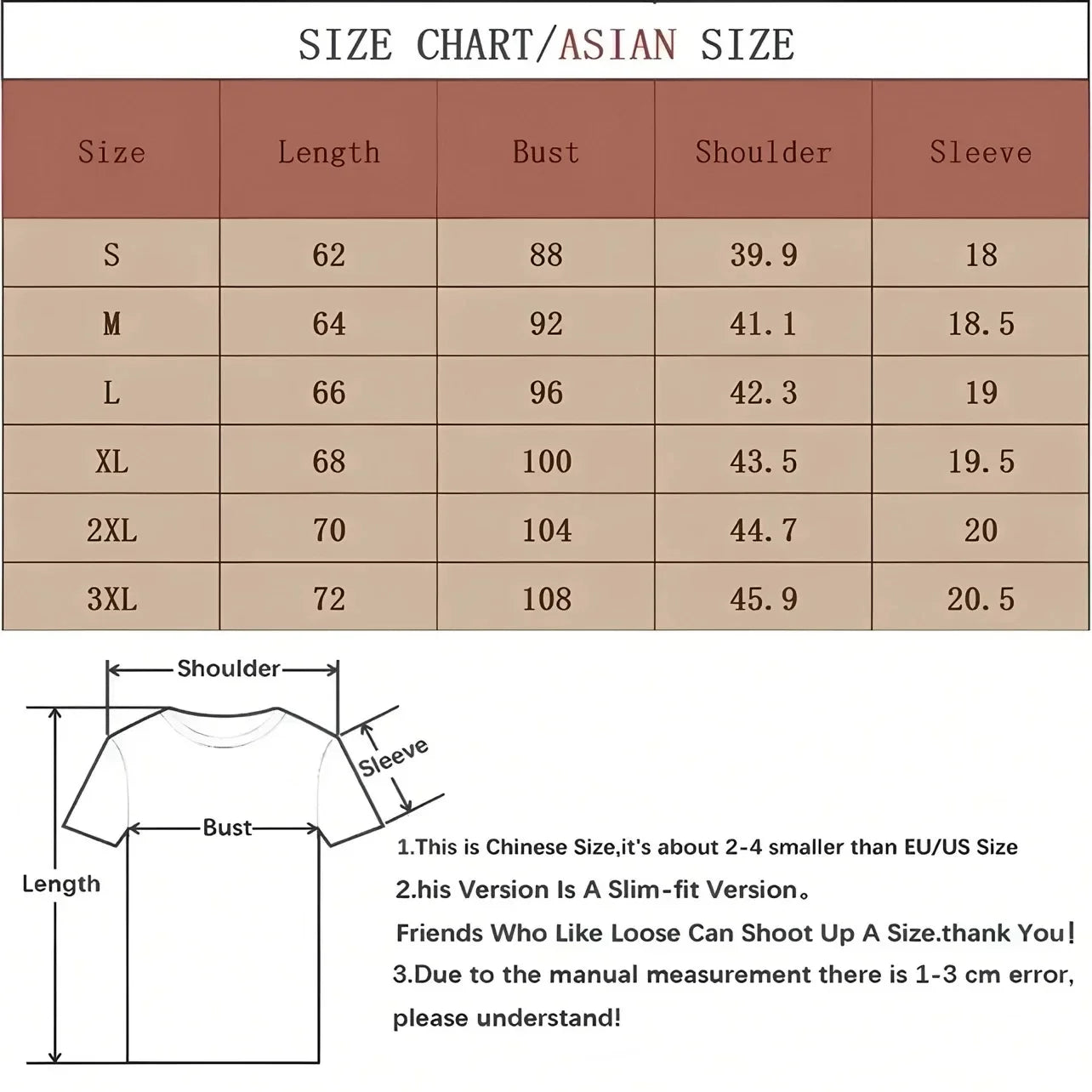 Size chart for Asian sizes of a slim-fit t-shirt showing length, bust, shoulder, and sleeve measurements in centimeters.