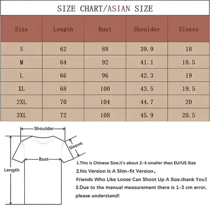 Size chart for Asian sizes of a slim-fit t-shirt showing length, bust, shoulder, and sleeve measurements in centimeters.