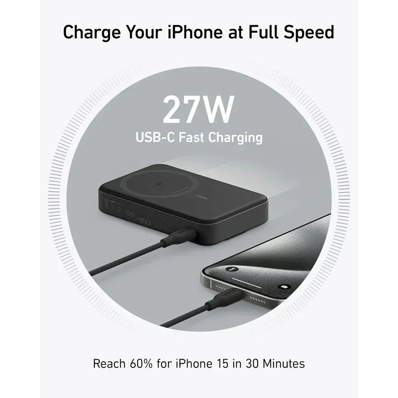 Black Anker MagGo power bank connected to iPhone with USB-C fast charging display on a white background