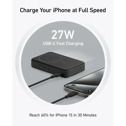 Black Anker MagGo power bank connected to iPhone with USB-C fast charging display on a white background