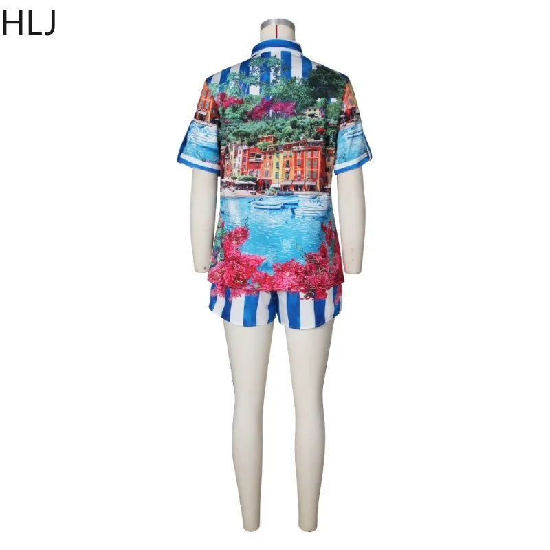 Female mannequin wearing a two-piece vacation set with a colorful scenic print short-sleeve shirt and matching shorts