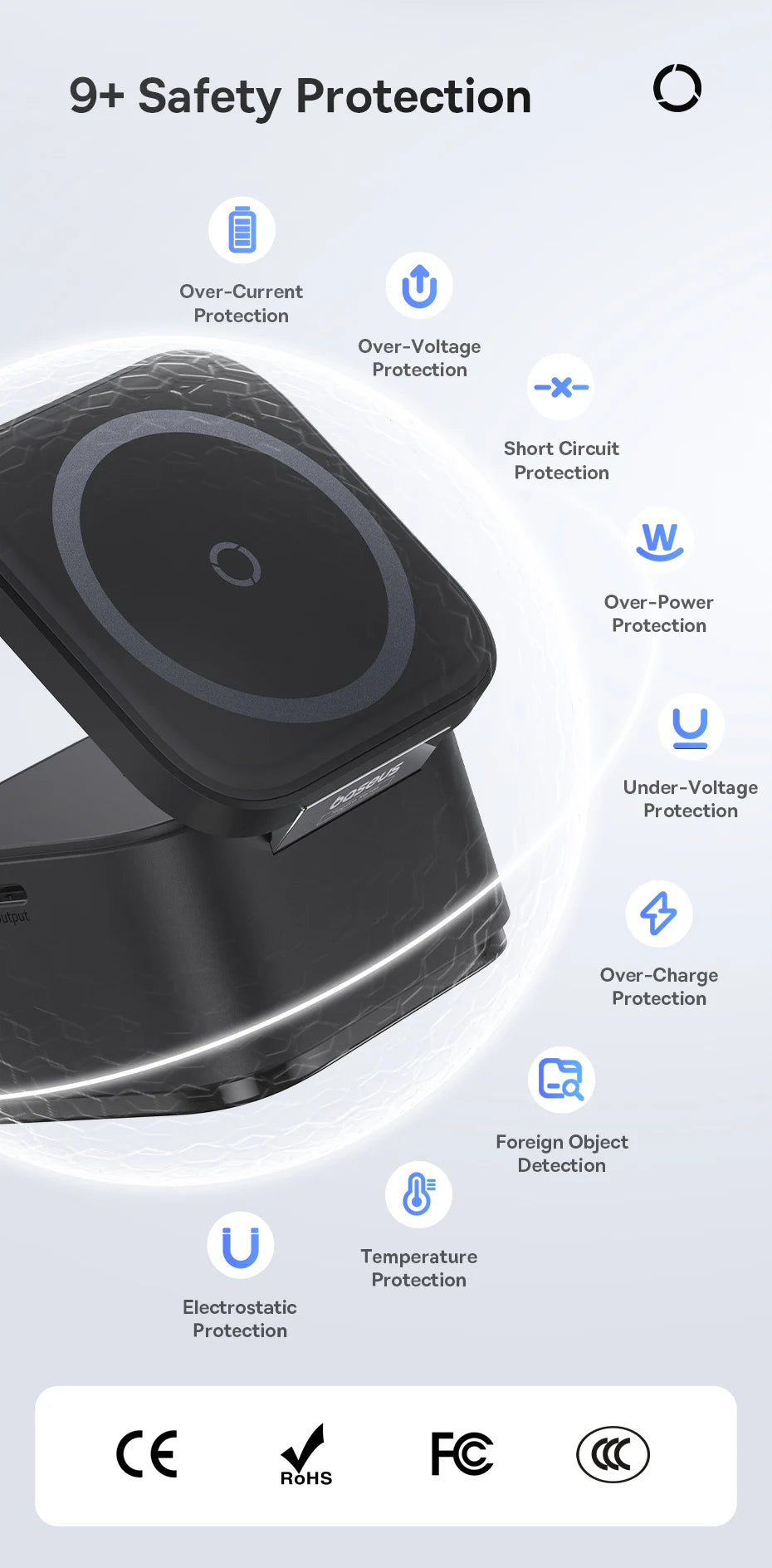Black magnetic 3-in-1 wireless charger highlighting 9+ safety protections on a white background