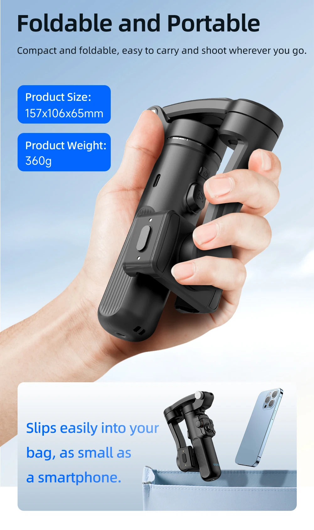 Hand holding compact black foldable 3-axis smartphone stabilizer with dimensions and weight details on blue background
