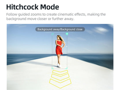 Woman in red dress standing on white pier with ocean background demonstrating Hitchcock mode cinematic zoom effect