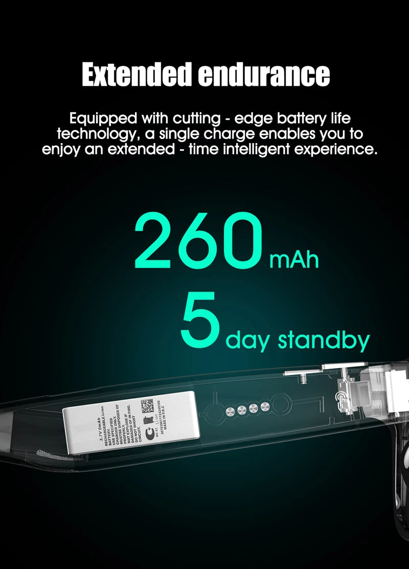 Close-up of smart glasses battery with 260mAh capacity and 5 day standby on black background