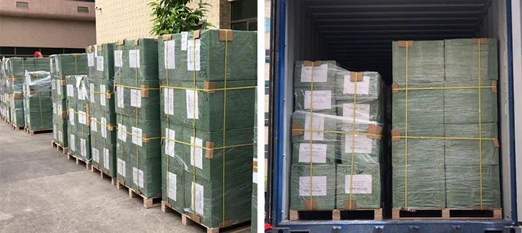 Stacks of green boxes wrapped in plastic and secured on pallets outside and inside a shipping container for transport