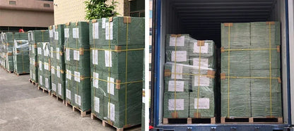 Stacks of green boxes wrapped in plastic and secured on pallets outside and inside a shipping container for transport