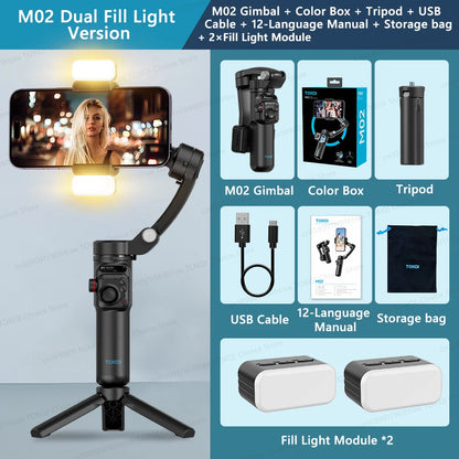 M02 portable 3-axis smartphone gimbal with dual fill lights, tripod, USB cable, manual, and storage bag components displayed.