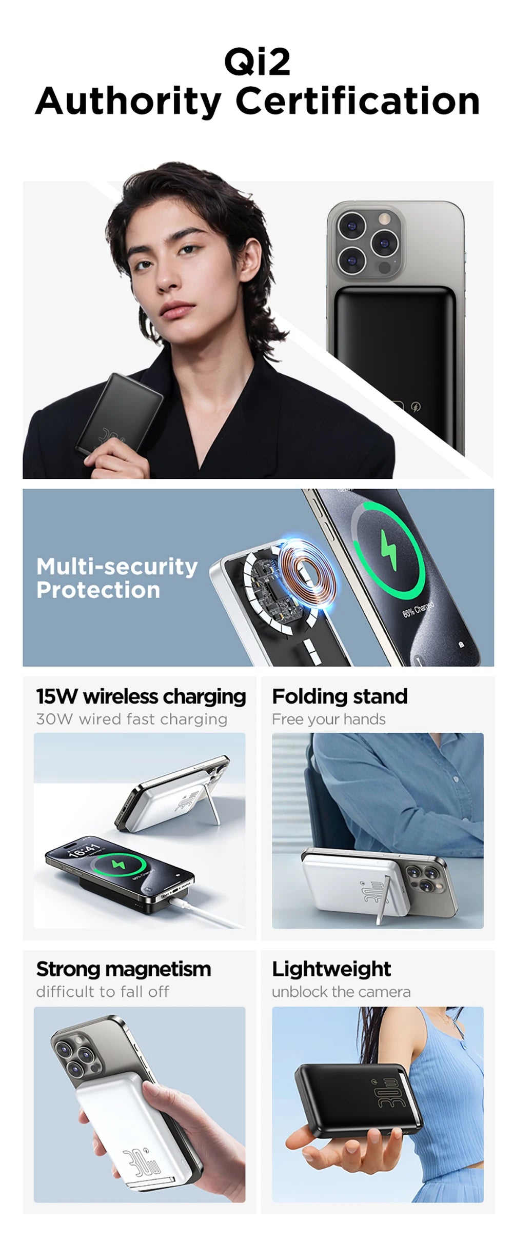 Collage showing PISEN 30W Qi2 magnetic wireless charger with folding stand, strong magnetism, and lightweight design features