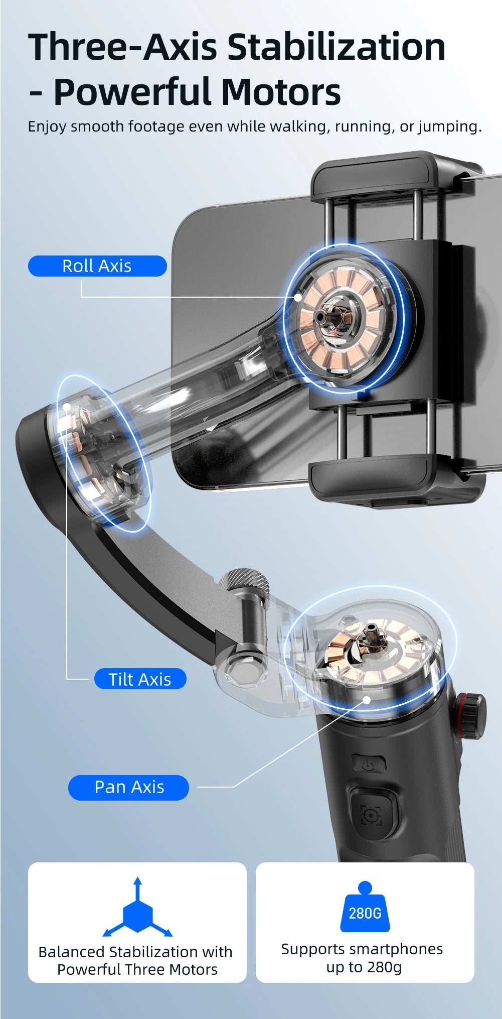 Close-up of a black three-axis smartphone gimbal showing roll, tilt, and pan motors with stabilization features.