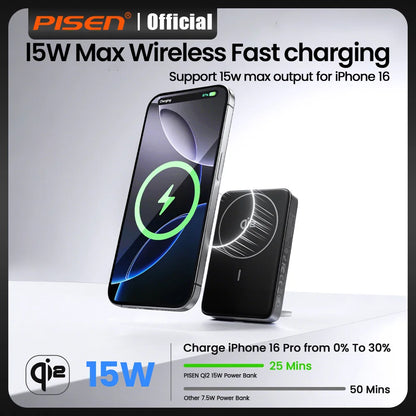 PISEN 30W magnetic wireless power bank with 15W fast charging stand beside iPhone 16 on white surface