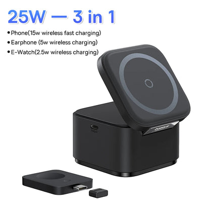 Black Baseus 3-in-1 25W magnetic wireless charger station with phone, earphone, and e-watch charging pads