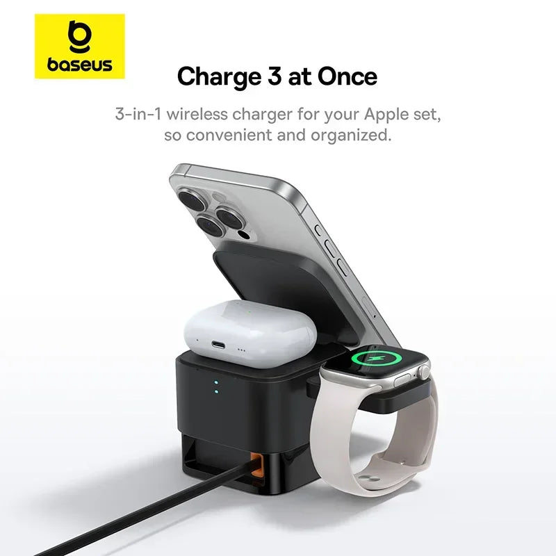 Baseus 3-in-1 wireless charger charging iPhone, AirPods, and Apple Watch simultaneously in black color