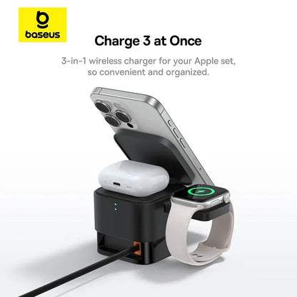 Baseus 3-in-1 wireless charger charging iPhone, AirPods, and Apple Watch simultaneously in black color