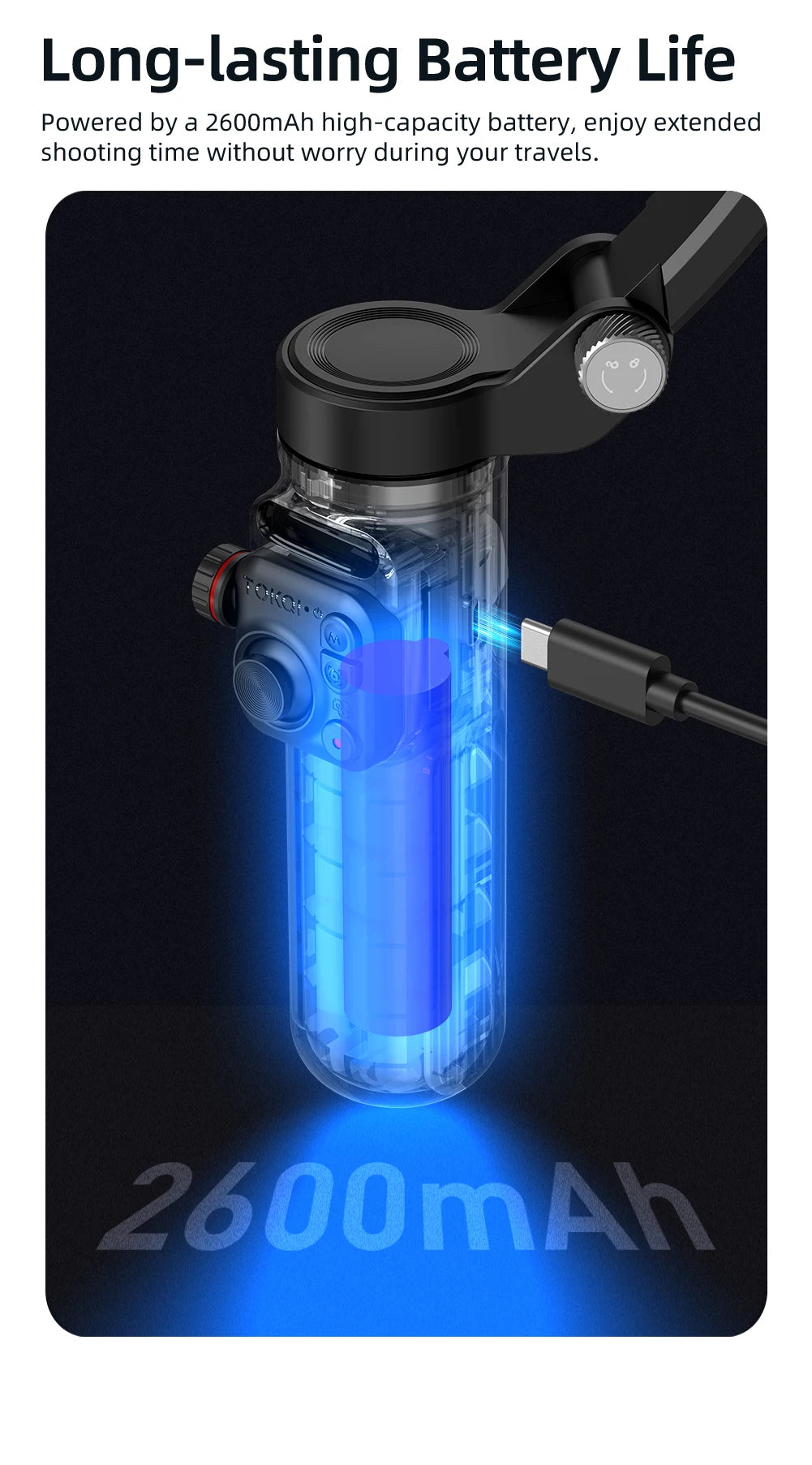 Close-up of a portable 3-axis smartphone gimbal with a visible 2600mAh battery and USB charging cable plugged in