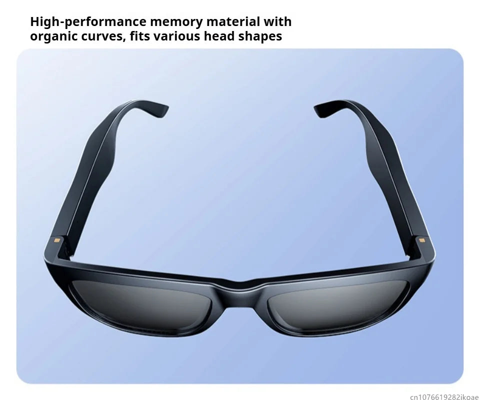 Black smart sunglasses with built-in earbuds and curved memory frame for comfortable fit on various head shapes