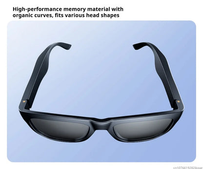 Black smart sunglasses with built-in earbuds and curved memory frame for comfortable fit on various head shapes