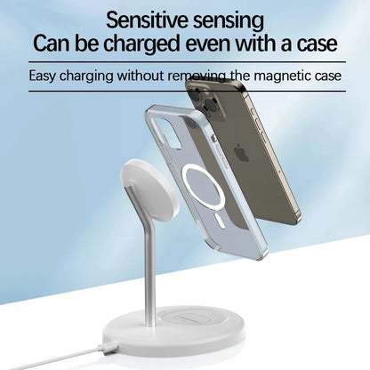 White 2-in-1 magnetic wireless charger stand with iPhone in transparent case charging without case removal