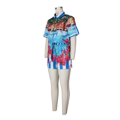 Woman's two-piece vacation outfit with colorful printed short-sleeve shirt and matching shorts on mannequin