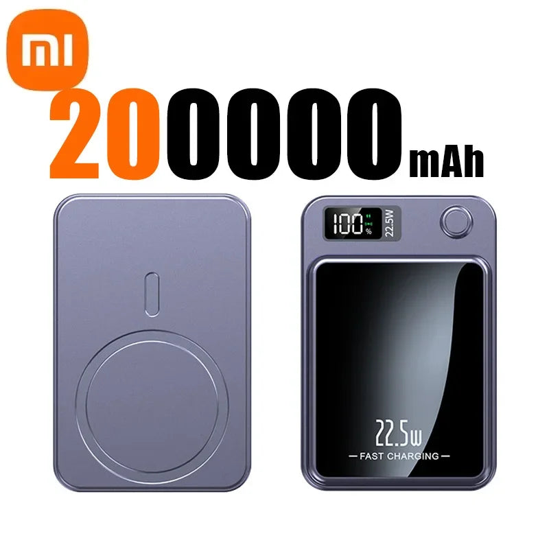 Portable purple Xiaomi Mijia 20000mAh power bank with digital display and magnetic wireless fast charging feature