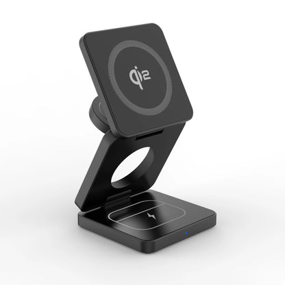 Black foldable 3-in-1 magnetic wireless charger with Qi2 logo for iPhone, Apple Watch, and AirPods charging