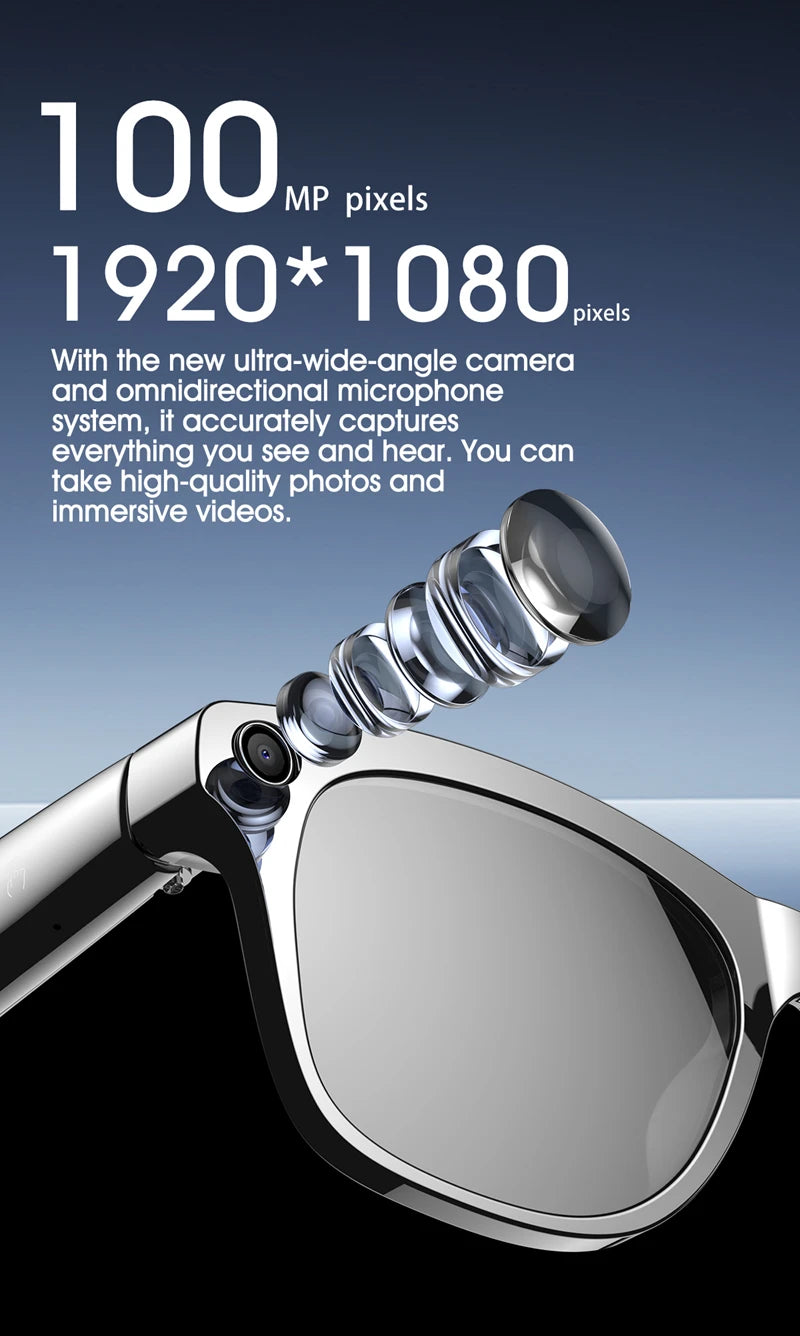 Close-up of smart glasses camera with exploded lens elements and text highlighting 100MP and 1920x1080 resolution features