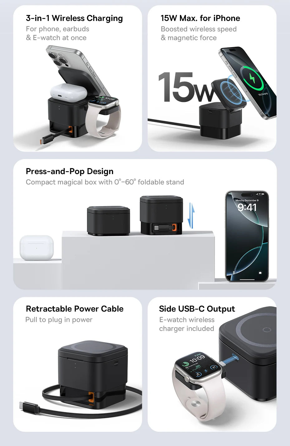 Compact black 3-in-1 wireless magnetic charger with foldable stand, retractable cable, and USB-C output for iPhone and AirPods