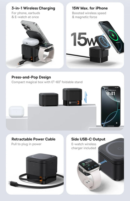 Compact black 3-in-1 wireless magnetic charger with foldable stand, retractable cable, and USB-C output for iPhone and AirPods