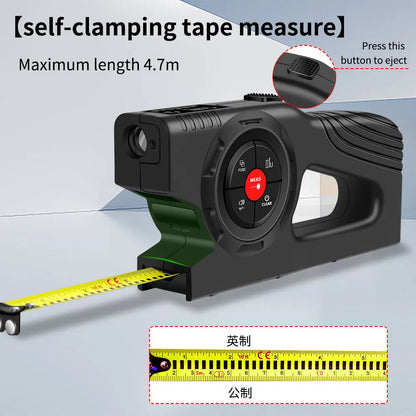 Black 3-in-1 laser distance meter and self-clamping tape measure with LCD screen and retractable 4.7m tape on white background