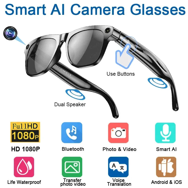 Black smart AI camera glasses with dual speakers, buttons, and HD 1080P video, Bluetooth, voice translation, and waterproof features icons