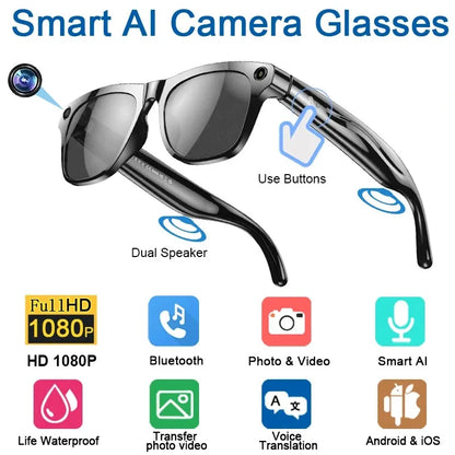 Black smart AI camera glasses with dual speakers, buttons, and HD 1080P video, Bluetooth, voice translation, and waterproof features icons