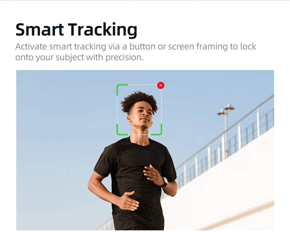 Young man jogging outdoors with smart tracking face detection lock displayed on screen against blue sky background