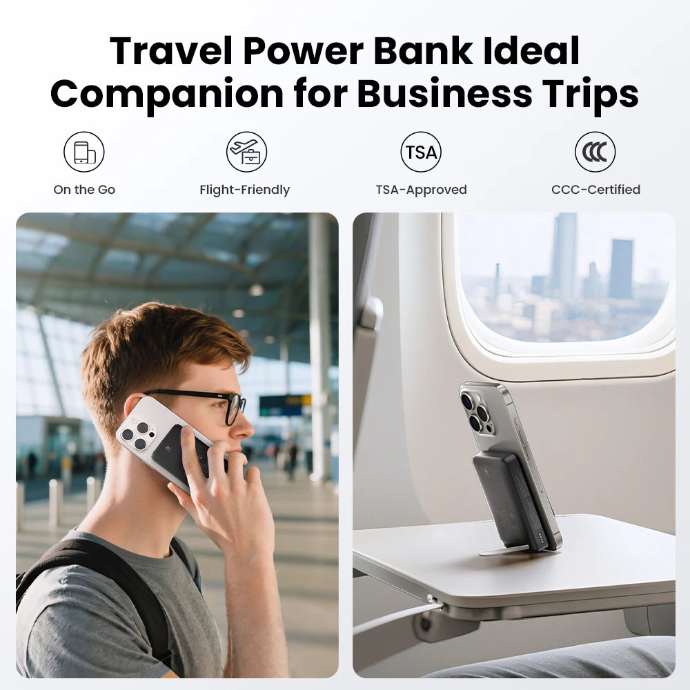 Young man holding smartphone with magnetic power bank in airport and phone with power bank on airplane tray table