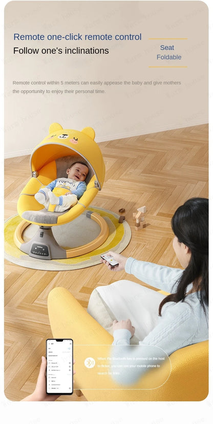 Baby lying in a yellow electric rocking chair with canopy while woman controls it remotely from a couch