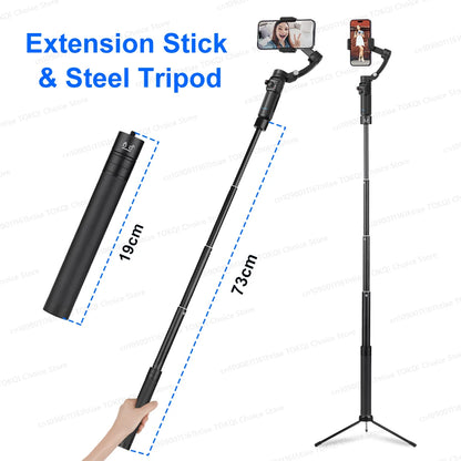 Extension stick and steel tripod for smartphone gimbal with adjustable length and mounted phone display