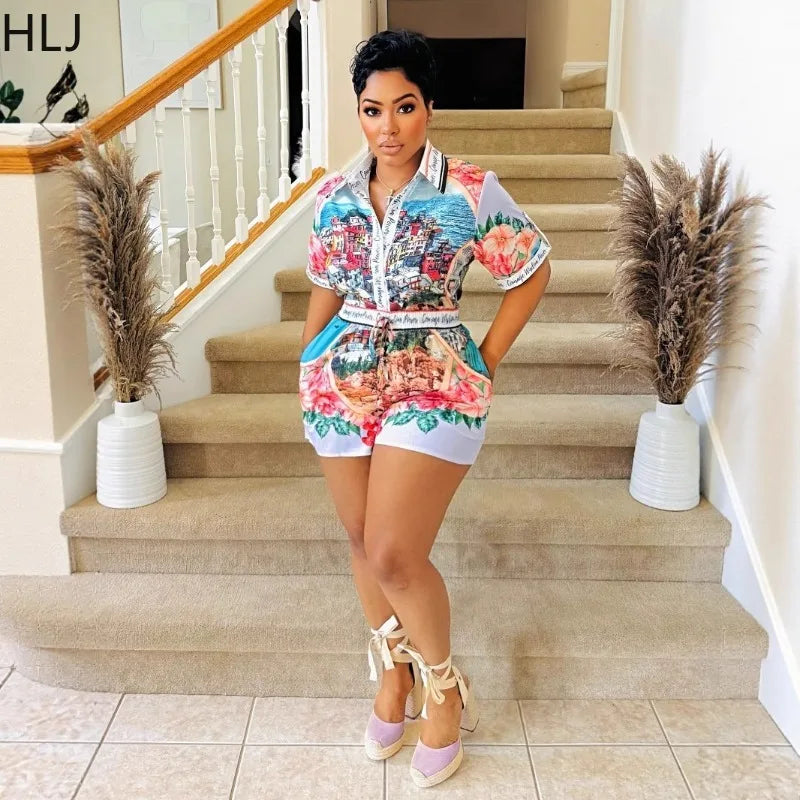 Woman wearing a colorful two-piece vacation set with a short-sleeve button-up top and matching shorts