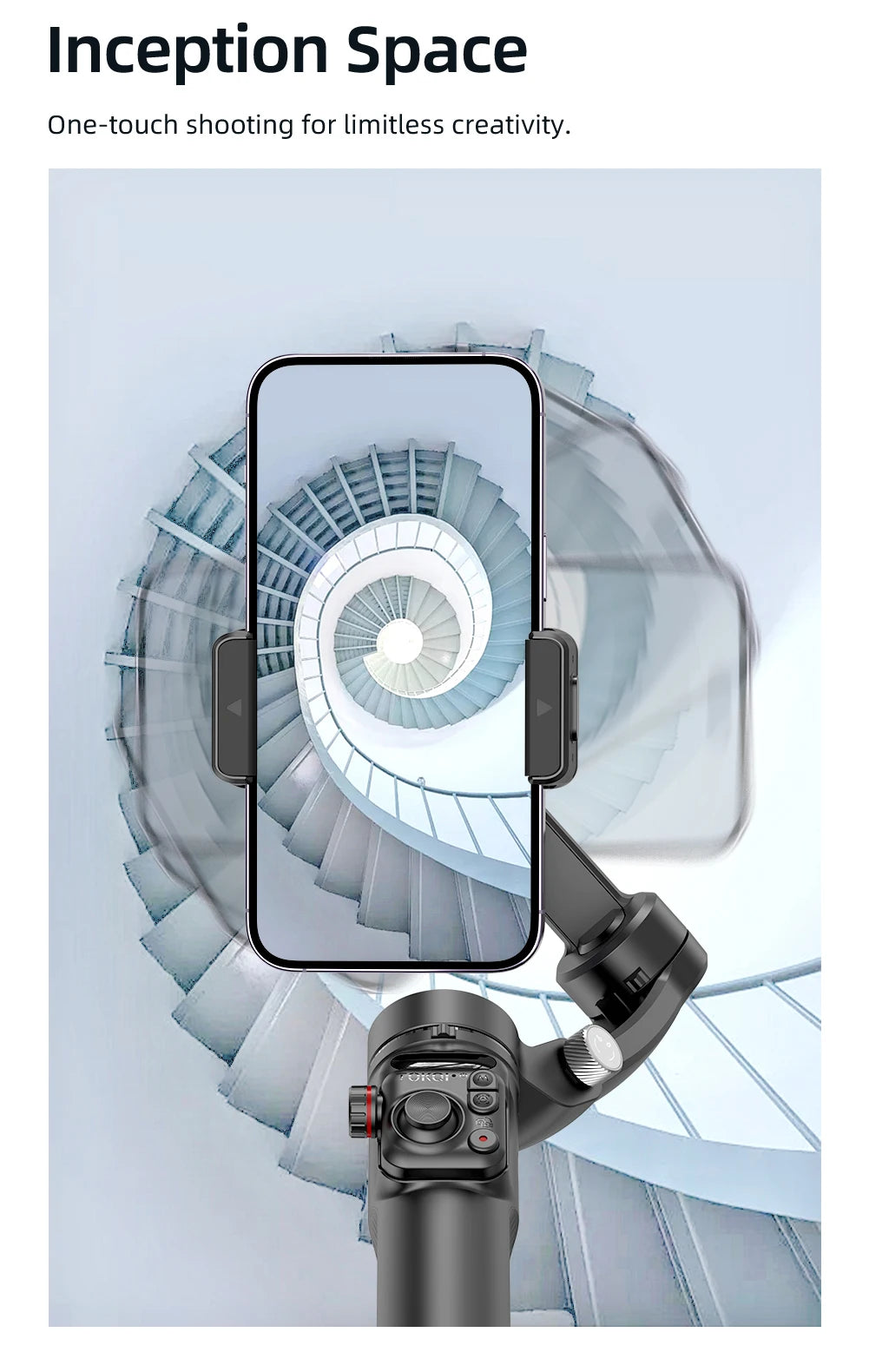 Smartphone mounted on black 3-axis handheld gimbal stabilizer capturing spiral staircase in motion blur effect