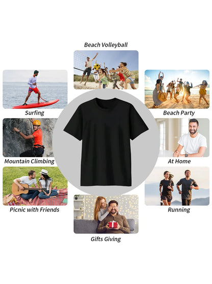 Black short-sleeve t-shirt displayed on gray background with lifestyle activity images around it.