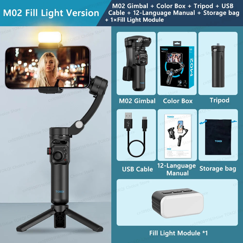 Portable M02 3-axis smartphone gimbal with fill light, tripod, USB cable, manual, and storage bag on a blue background
