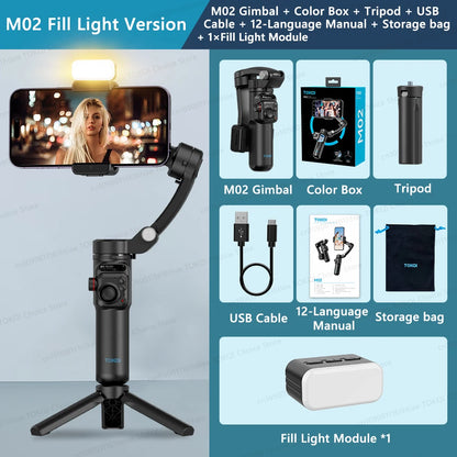 Portable M02 3-axis smartphone gimbal with fill light, tripod, USB cable, manual, and storage bag on a blue background