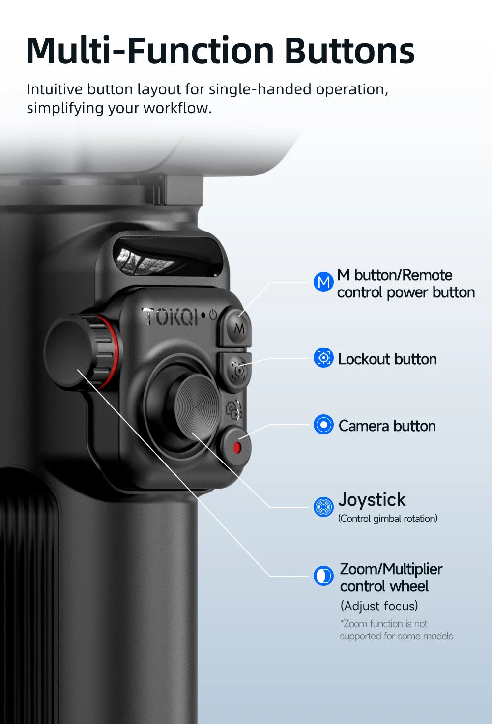 Close-up of multi-function buttons on portable 3-axis smartphone gimbal with remote, joystick, and control wheel features