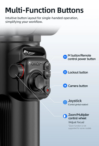 Close-up of multi-function buttons on portable 3-axis smartphone gimbal with remote, joystick, and control wheel features