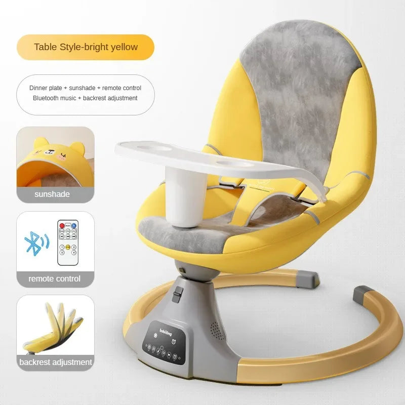 Bright yellow and gray multifunctional baby rocking chair with remote control, sunshade, backrest adjustment, and detachable tray table